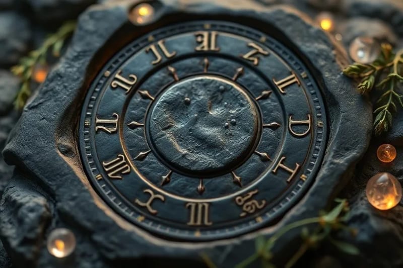 Calendario lunar grabado en piedra con hierbas y cristales brillantes, simbolizando ciclos y sabiduría