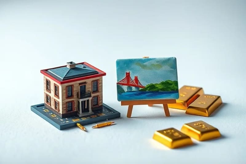 Bodegón de una maqueta de edificio, un cuadro abstracto y lingotes de oro