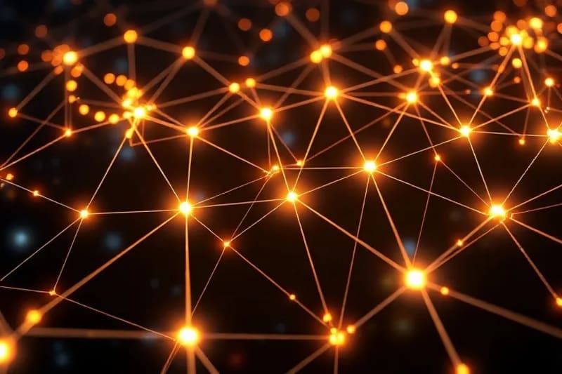 Red abstracta de nodos interconectados con flujos de energía