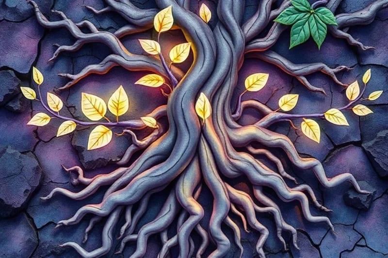 Intertwined roots symbolizing karmic healing and ancestral connections