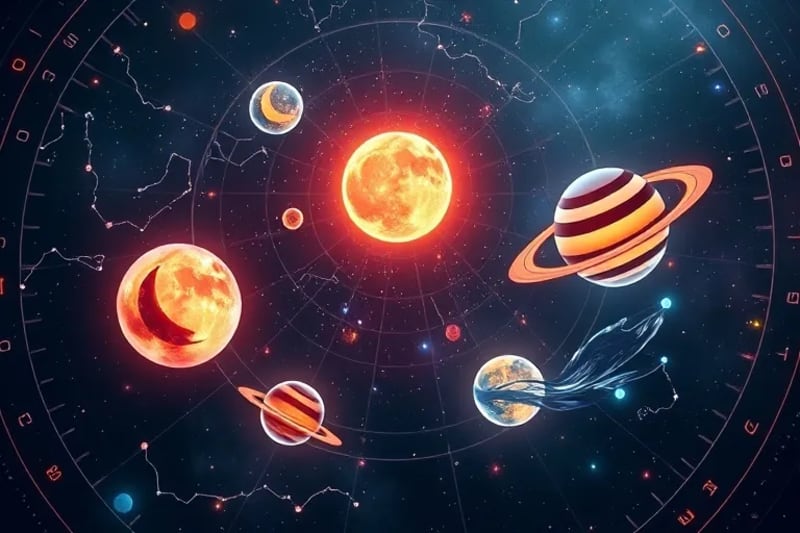 Esquema visual de cómo los cuerpos celestes influyen en las funciones cognitivas.