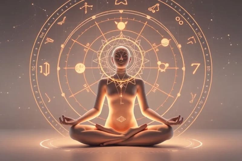 Persona meditando, rodeada de energías cósmicas y patrones de sanación.