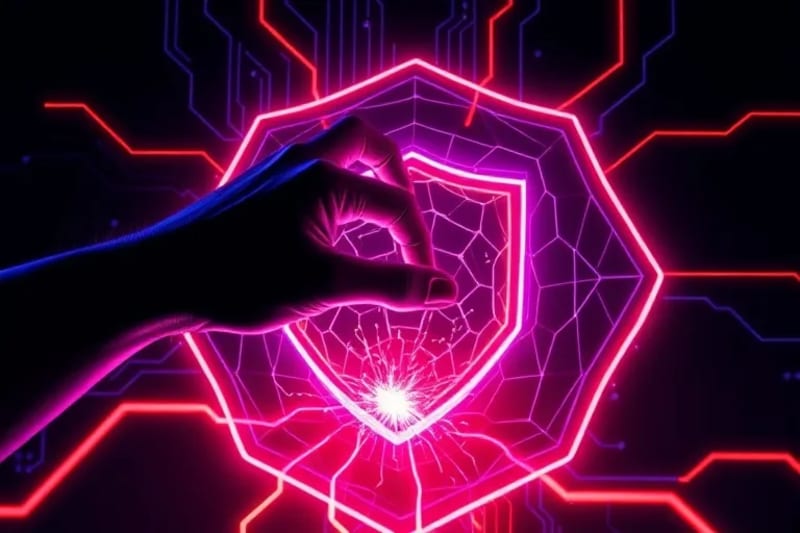 Mano digital intentando romper un escudo hexagonal de seguridad