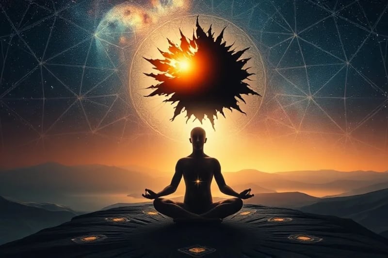 Meditating figure with dark shadow merging into golden light