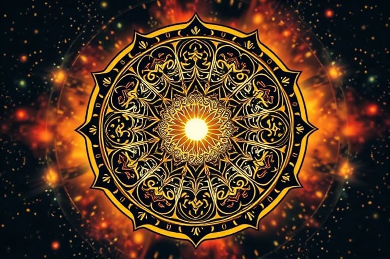 Intricate glowing mandala with interwoven zodiac symbols