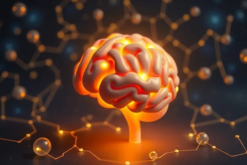 Cerebro estilizado conectado por líneas luminosas a un mapa de constelaciones