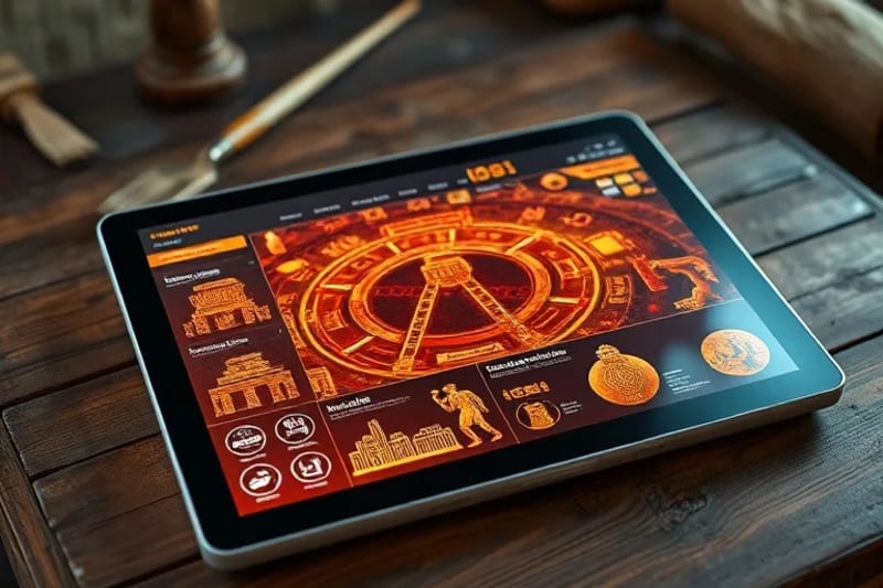 Tablet mostrando una línea de tiempo histórica con proyecciones holográficas de una ciudad maya antigua