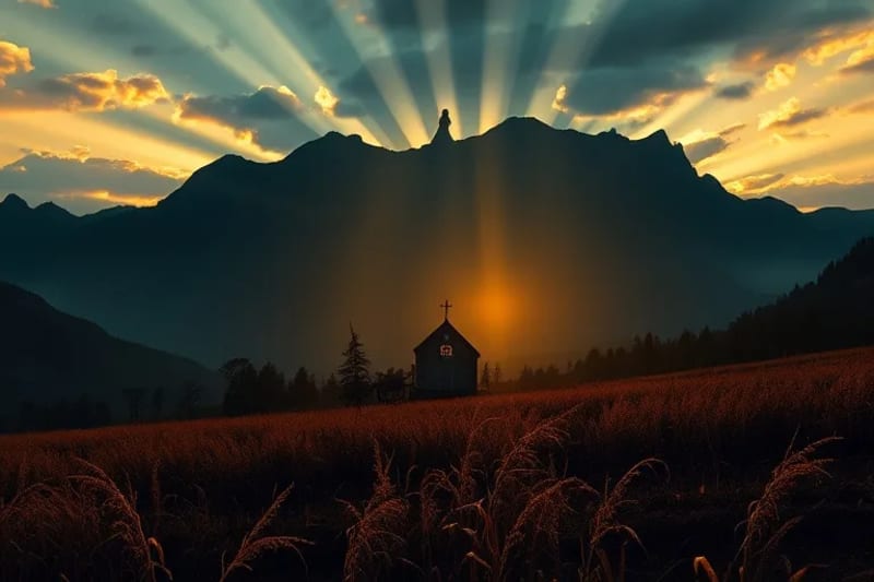 Un paisaje montañoso al amanecer con elementos simbólicos de la profecía y la esperanza de renovación.