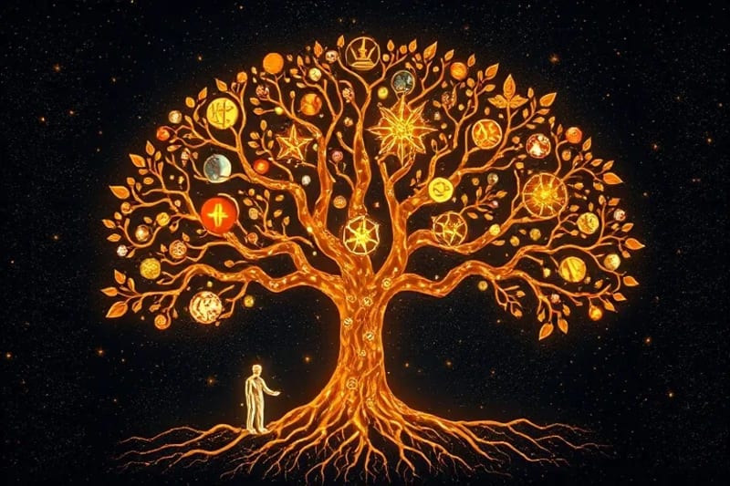 Digital painting of a glowing family tree connecting generations