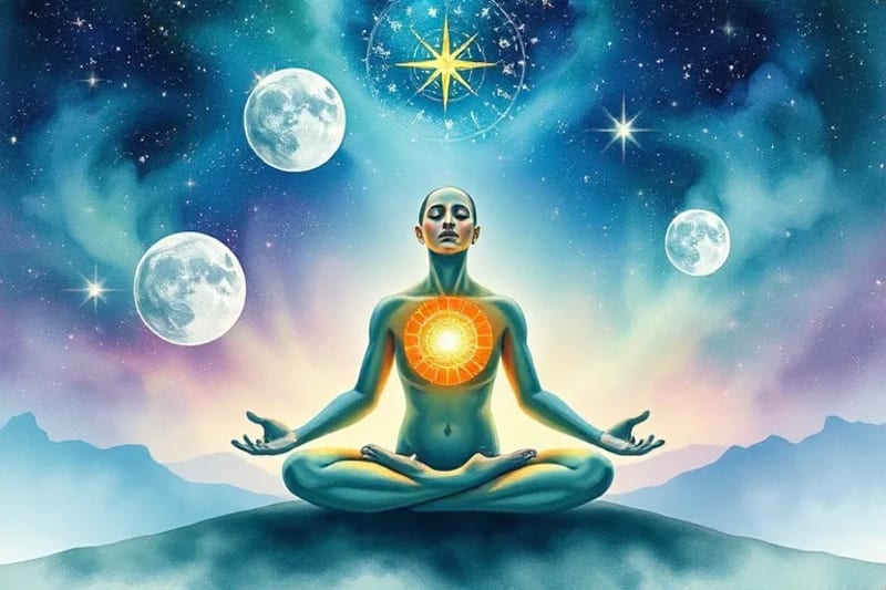 Watercolor illustration of a meditating figure connecting to cosmic and ancestral energies