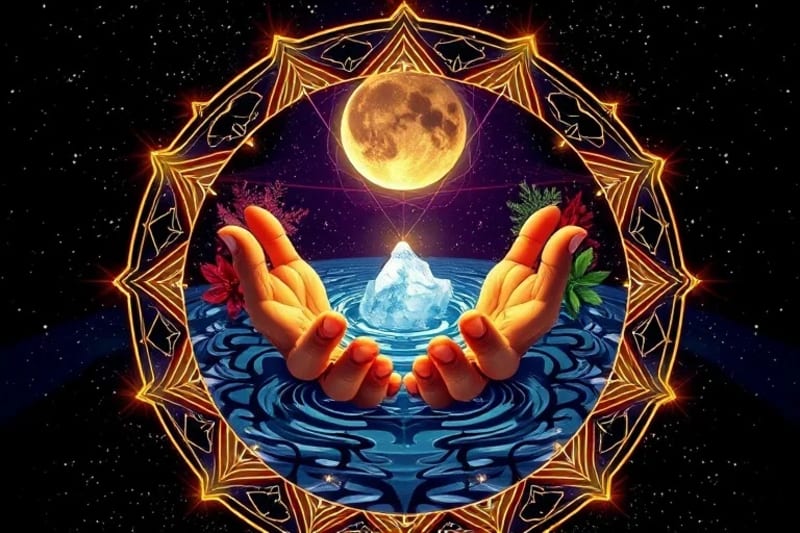 Hands cupping water under crescent moon with herbs and crystals
