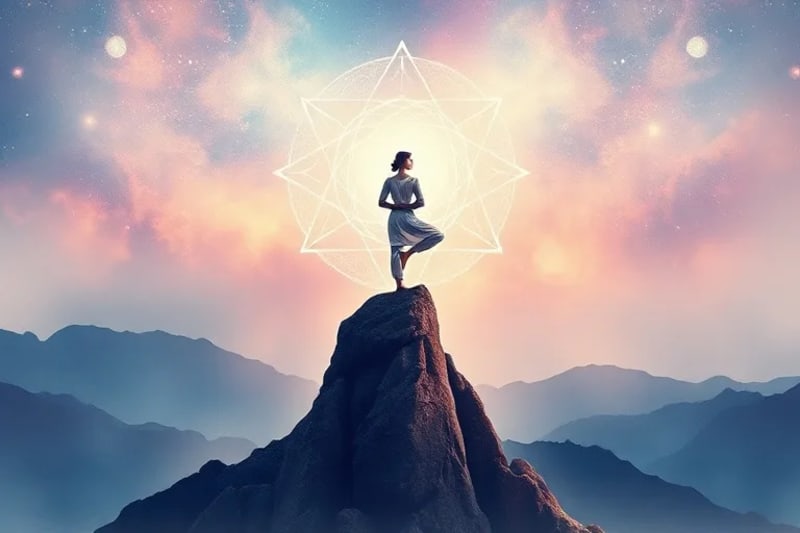 Pintura abstracta de acuarela que muestra una silueta humana de pie sobre una formación rocosa equilibrada, con líneas de energía que la conectan a la tierra y al cielo. Siete orbes de colores sutiles flotan alrededor de la figura, representando chakras equilibrados.