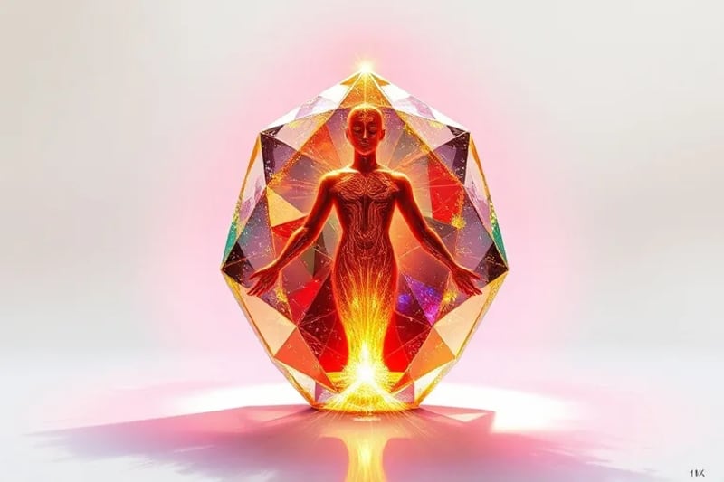 Representación conceptual en 3D de una escultura geométrica perfectamente equilibrada, que podría ser un cristal o una forma humana estilizada, con intrincadas líneas doradas que representan vías energéticas. La luz se refracta a través de ella, creando un espectro de colores en un entorno minimalista y limpio.