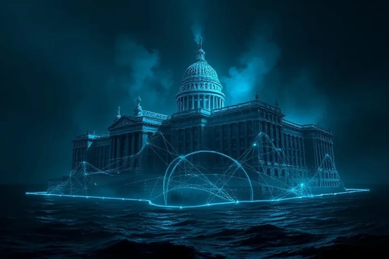Red de cables digitales formando la silueta de un edificio corporativo, parcialmente sumergido en agua, simbolizando la responsabilidad ambiental de las empresas