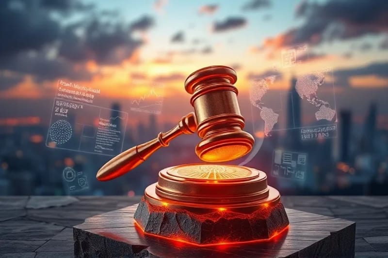 Gavel legal hecho de circuitos y datos, con proyecciones holográficas de modelos climáticos, simbolizando la fusión de tecnología y justicia