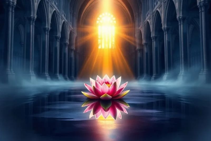 Flor de loto en agua oscura con luz dorada, simbolizando el despertar espiritual