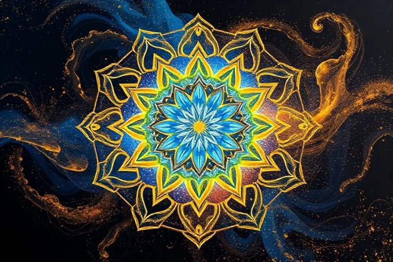 Mandala brillante disolviéndose en polvo cósmico, representando la interconexión y la energía divina