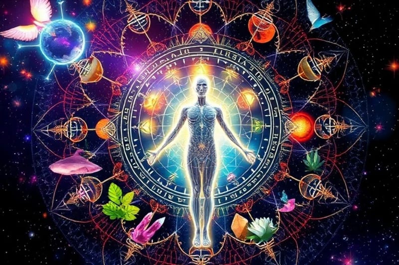 A digital painting of a human figure with an overlay of a natal chart, surrounded by plants and glowing crystals, symbolizing energetic balance.