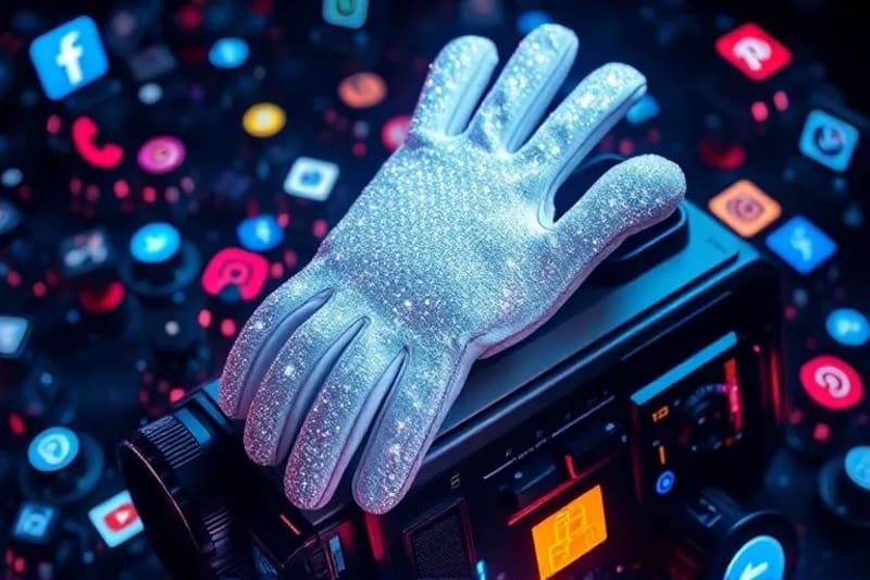 Guante blanco brillante sobre un teclado vintage con iconos de redes sociales
