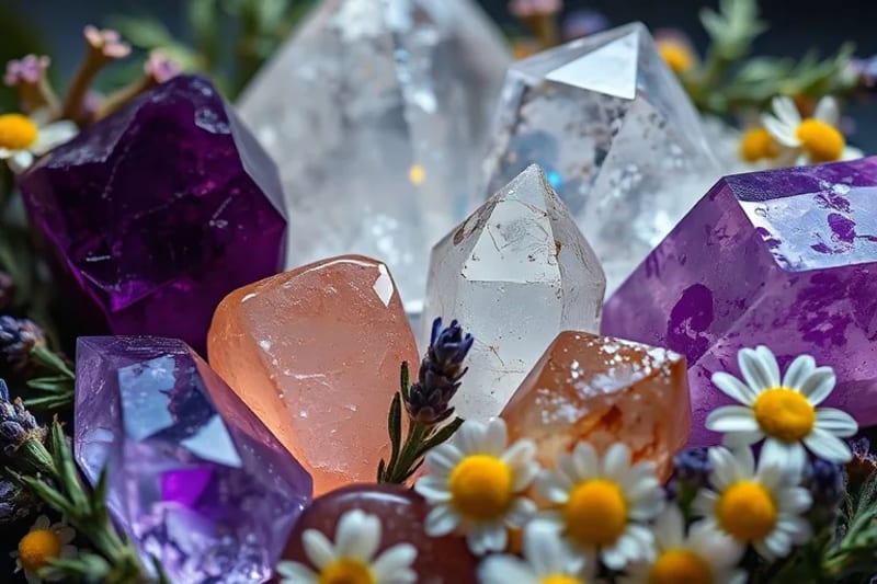 Extreme close-up macro photography of raw healing crystals nestled amongst dried herbal leaves, showcasing natural beauty and energetic synergy.