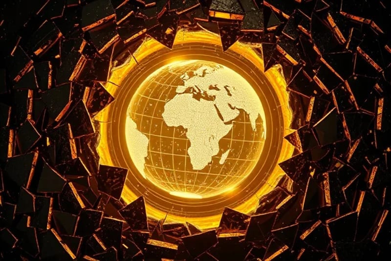 Mosaico de fragmentos digitales y proyecciones holográficas de un mundo interconectado