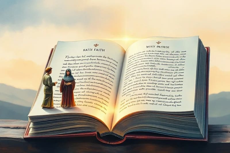 Libro antiguo abierto con luz mística y figuras históricas
