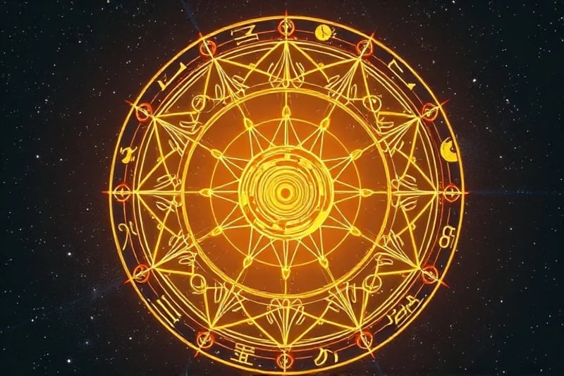 Intricate geometric mandala of astrological aspects and North Node vortex