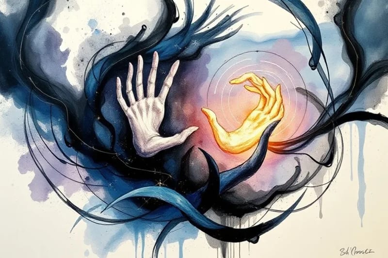 Abstract painting of intertwined luminous threads symbolizing soul contracts