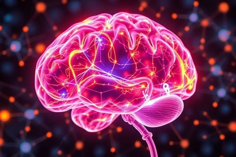Representación abstracta de la actividad cerebral y las conexiones neuronales, destacando la liberación de neurotransmisores asociados con el bienestar.