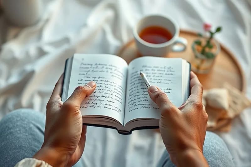 Manos sosteniendo un diario de gratitud, con escritura a mano y elementos naturales, simbolizando la reflexión personal.
