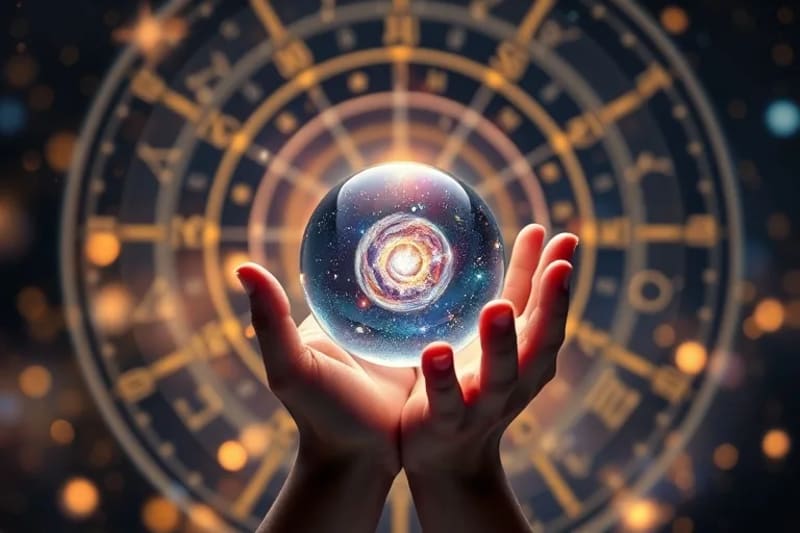 Manos extendidas hacia un orbe cristalino que refleja una galaxia, simbolizando la manifestación de deseos y la conexión con el universo.