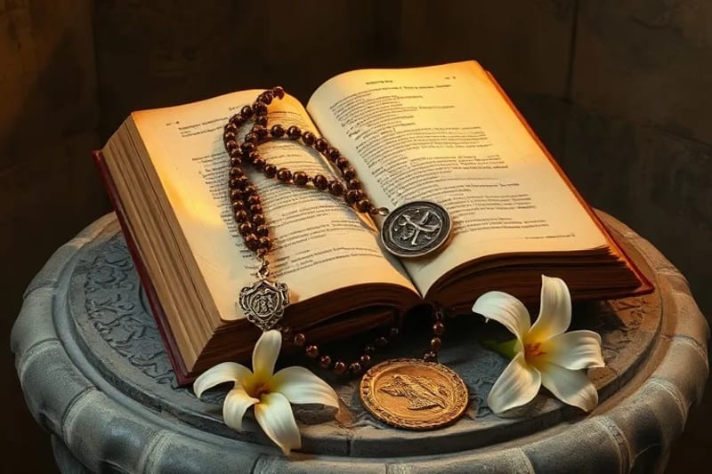 Rosario y medalla de un santo sobre un libro de oraciones, con una flor de lirio.