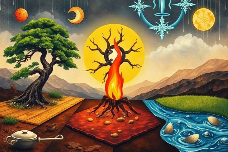Oil painting depicting the Five Elements interacting with climate phenomena, showing wood, fire, earth, metal, and water.
