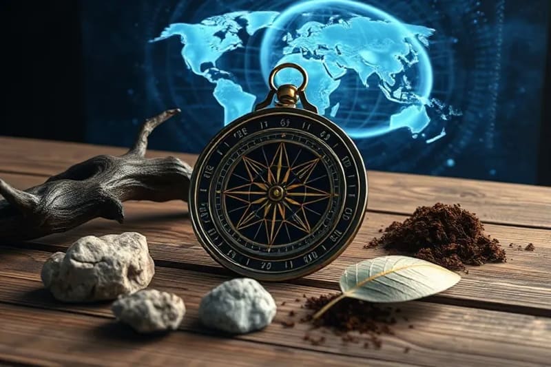 Conceptual 3D render of an antique Chinese compass (Luopan) with natural elements and a holographic climate map.