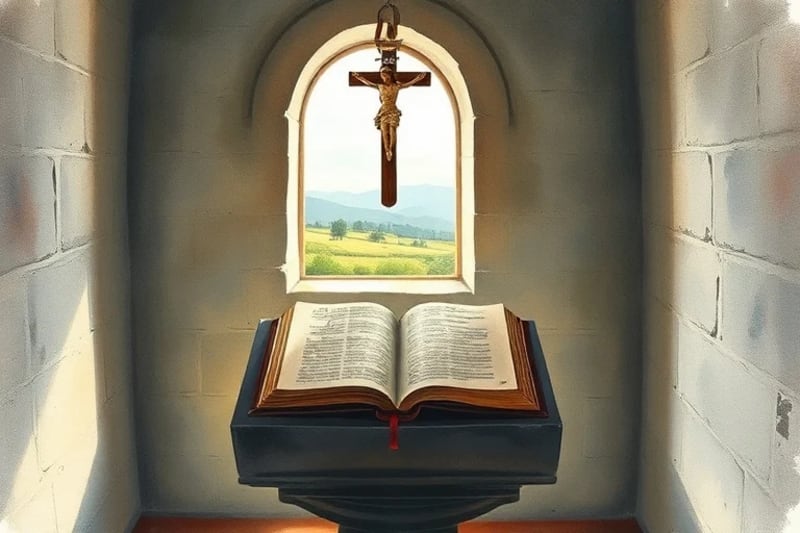 Celda monástica austera con crucifijo y manuscrito, simbolizando la contemplación y el estudio espiritual.