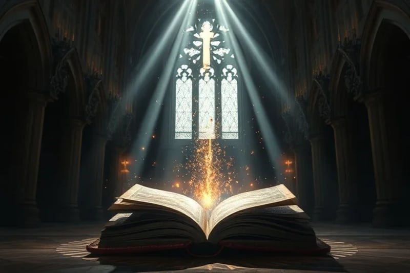 Símbolos abstractos de inspiración divina y sabiduría antigua emergiendo de un libro, representando el carisma profético.