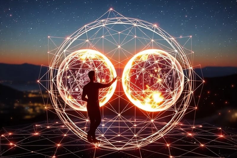 3D render of interlocking geometric shapes and light constructs