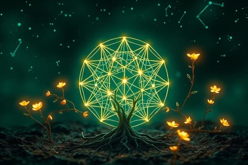 Representación 3D de geometría sagrada y botánica con carta natal cristalina