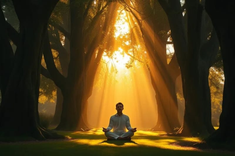 Persona meditando en un jardín sereno