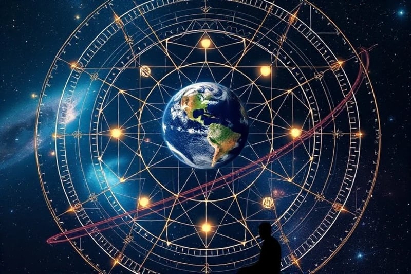 Digital painting of celestial mechanics with fixed stars and human figures observing