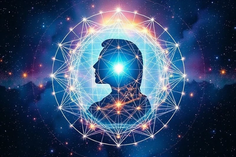 Watercolor illustration of a human silhouette connected to shimmering fixed stars