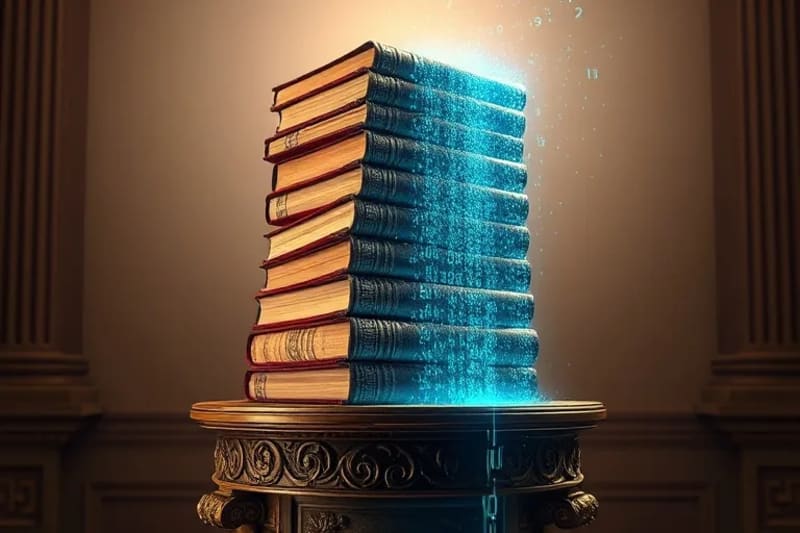 Una pila de libros de leyes antiguos transformándose en un flujo de código digital y binario, simbolizando la adaptación de las leyes laborales a la era de la inteligencia artificial.
