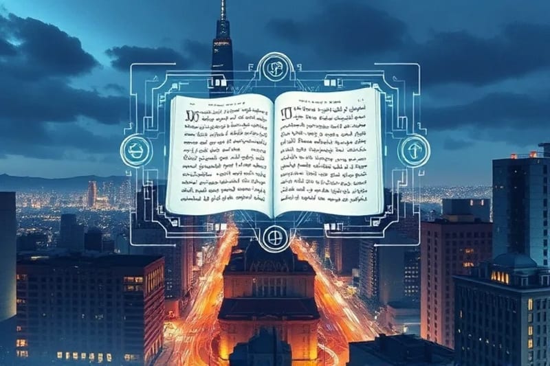 Proyección holográfica de textos antiguos sobre una ciudad moderna