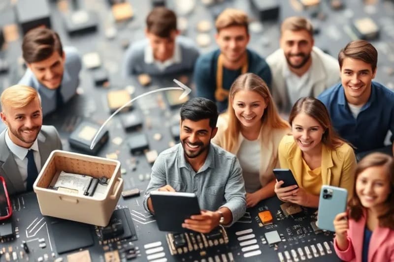 Clientes felices interactuando con diversos productos de suscripción