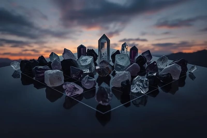 Geometric arrangement of healing crystals on a dark, reflective surface