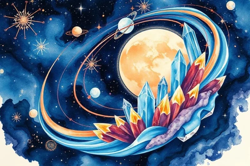 Abstract watercolor depicting planetary orbits and crystalline structures