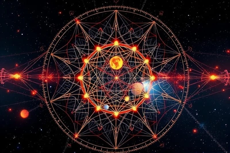 Abstract digital painting of interconnected glowing lines and spheres, symbolizing cosmic energetic connections and planetary aspects.