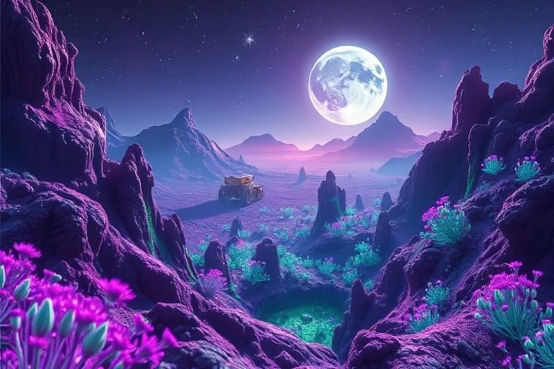 Ecosistema alienígena con flora bioluminiscente bajo estrellas binarias