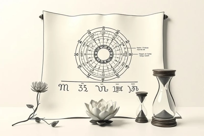 Conceptual 3D render of an ancient scroll unfurling to reveal a holographic projection of a natal chart with a dynamic timeline, symbolizing astrological transits and personal evolution.