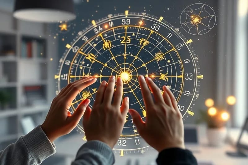 Carta natal holográfica con manos interactuando con datos de carrera